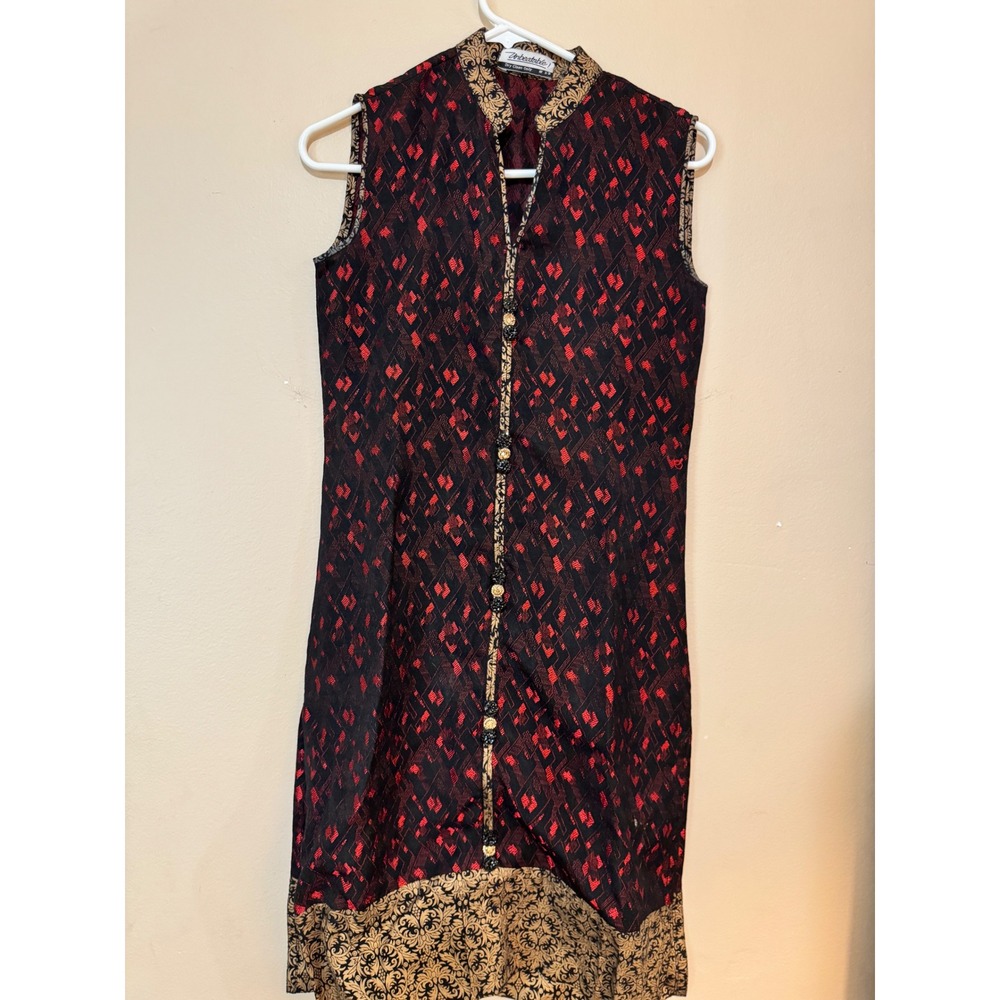 Unbeatable Womens Red Black Gold Diamond Tunic Sleeveless Mandarin Collar XS